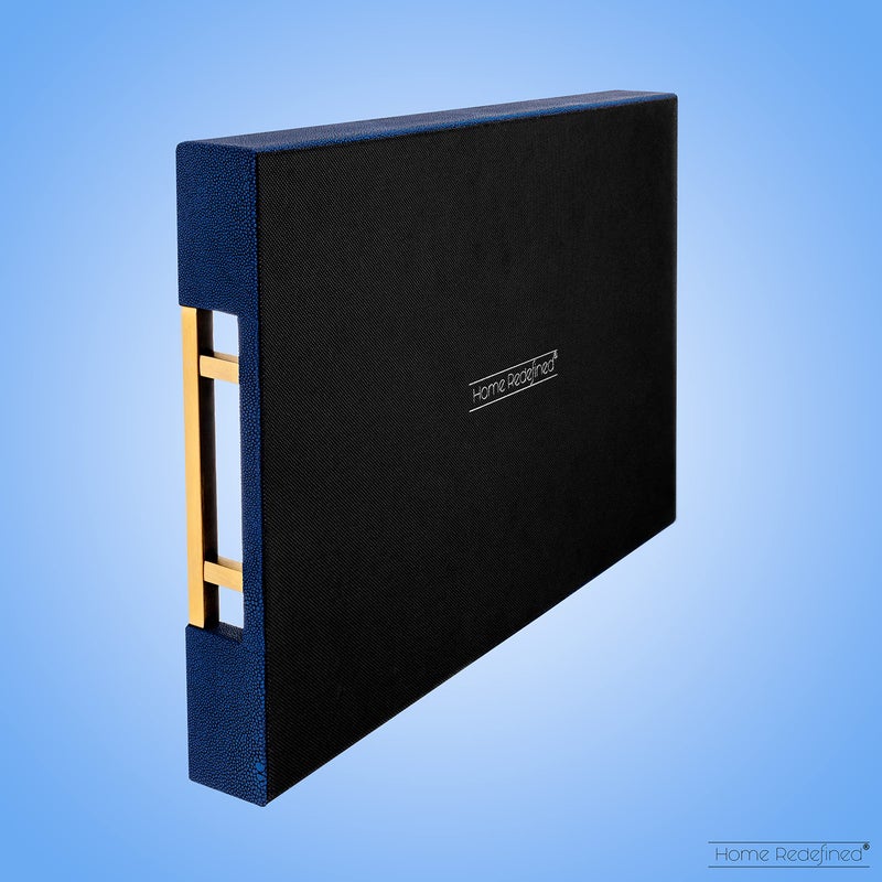 Home Redefined Modern Elegant 17.5â€x12â€ Rectangle Navy Blue Faux Leather Shagreen Decorative Tray Ottoman Tray Coffee Table Perfume Living Room Kitchen Serving Tray with Brass Gold Metal Handles by Home Redefined. - Image 5